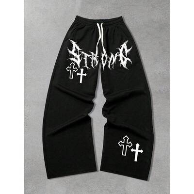 Black Oversized Wide-Leg Angel Gothic Print Joggers - Red &