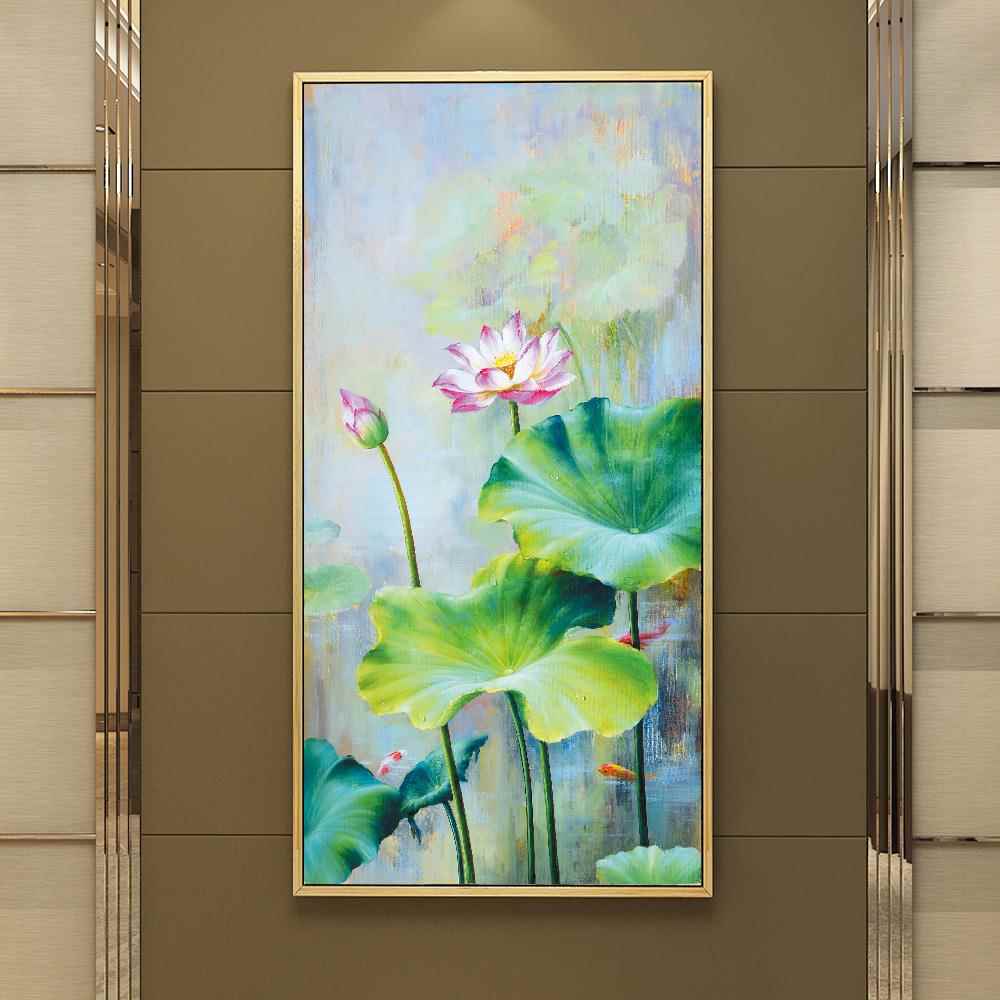 油画荷花玄关装饰画中式走廊过道挂画现代客厅墙画餐厅书房壁画图片
