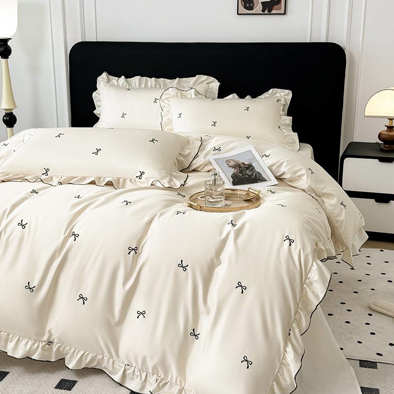 轻奢水洗冰丝四件套公主风少女心纯色床单花边刺绣被套床上用品新