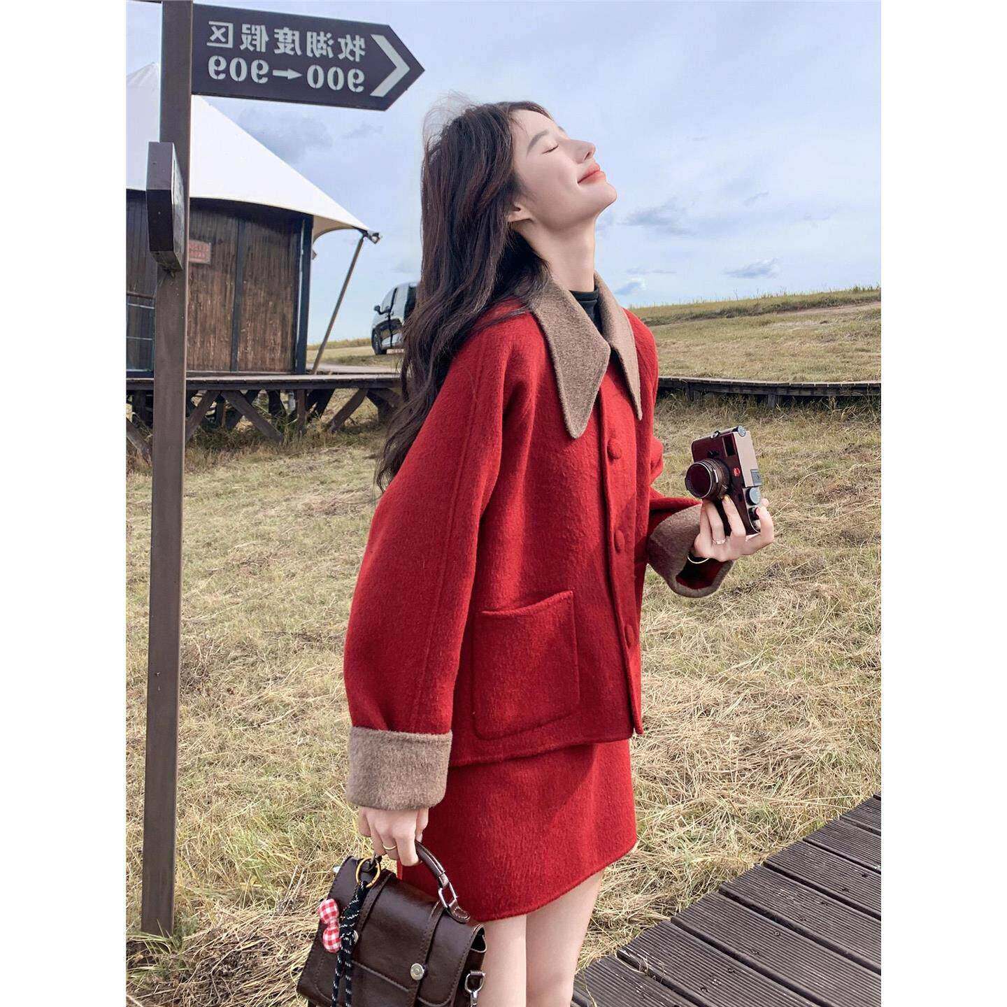Ocnltiy红色复古小香风双面呢套装裙女冬法式洋气减龄短裙两件套