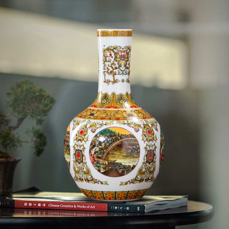 仿古陶瓷小花瓶景德镇新中式插花陶瓷瓶子珐琅彩清明上河图天球瓶