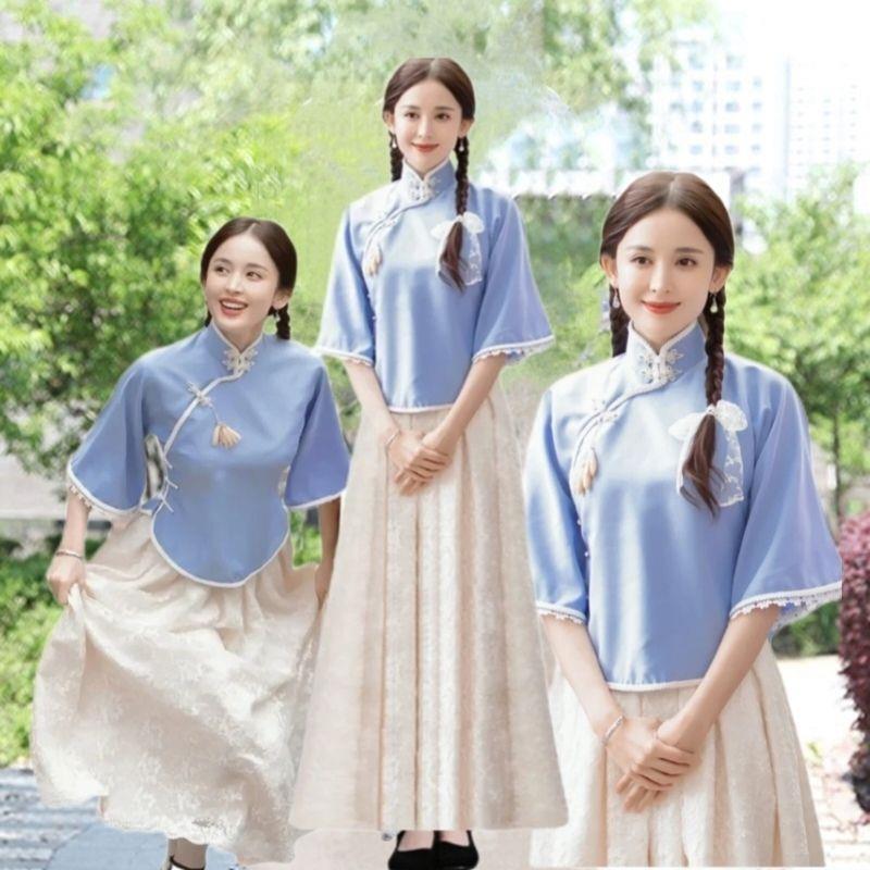 民国青年装五四学生学生装女装复古中山装文艺套装演出服毕业合唱图片