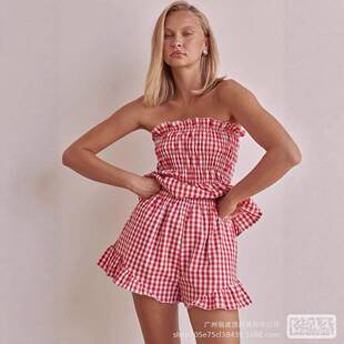 Women's Gingham Print Tie Shoulder Cami Romper & Open Front