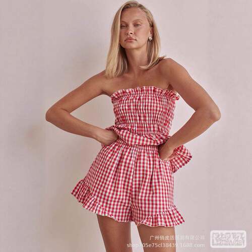 Women's Gingham Print Tie Shoulder Cami Romper & Open Front