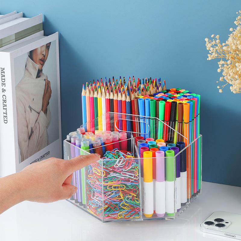 亚克力笔筒桌面旋转储物办公收纳盒六边形文具归类盒带手柄透明