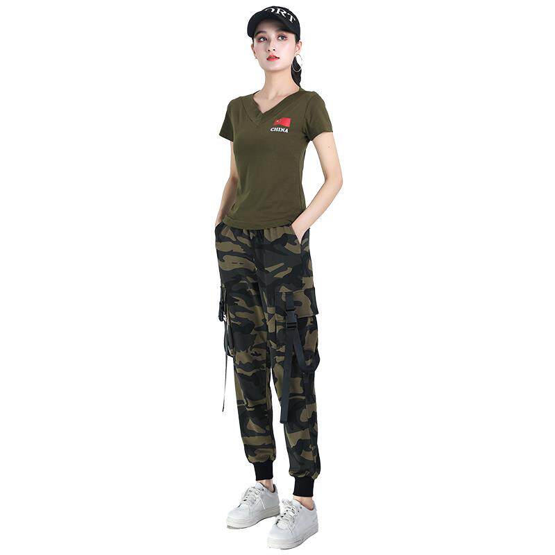 特价杨丽萍广场舞运动装新款军绿色t恤女迷彩工装裤套装水兵舞演