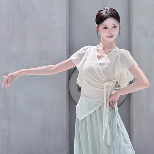 古典舞身韵网纱上衣 形体训练纱衣女装 仙气花朵舞蹈练功服 薄雾