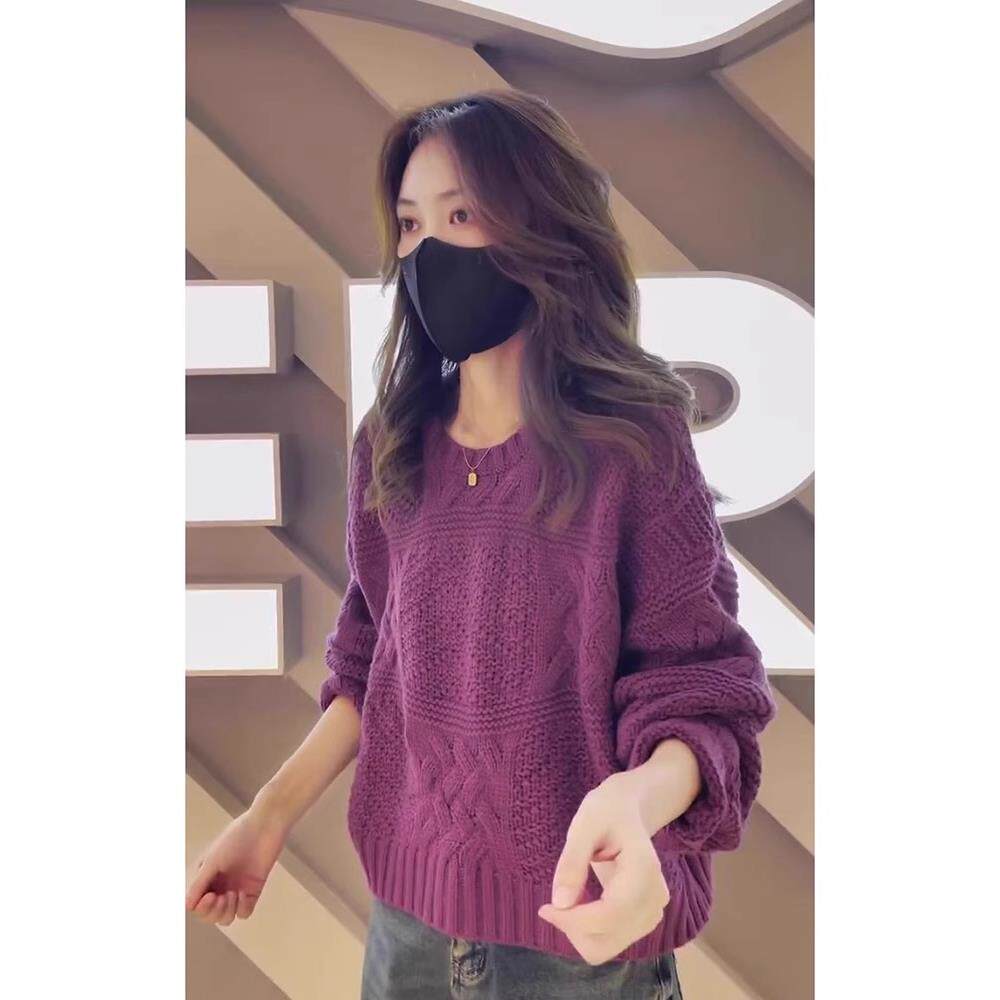 毛衣女2025秋冬新款韩版宽松外穿慵懒风时尚短款紫色百搭针织衫潮