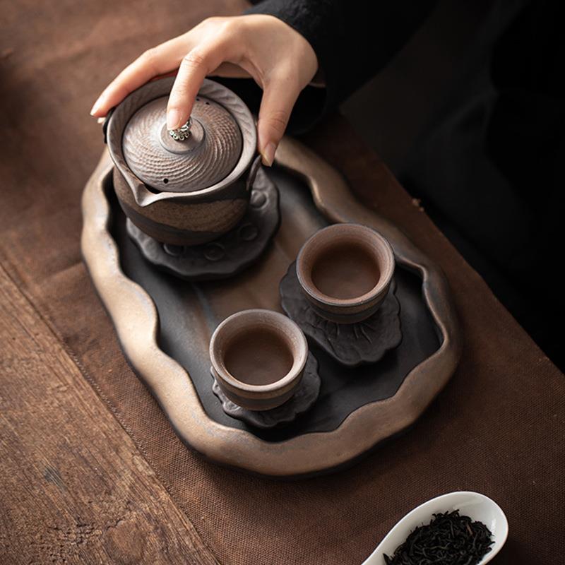 鎏金荷塘茶盘 日式粗陶壶承蓄水储水式小号干泡台 陶瓷茶壶托盘
