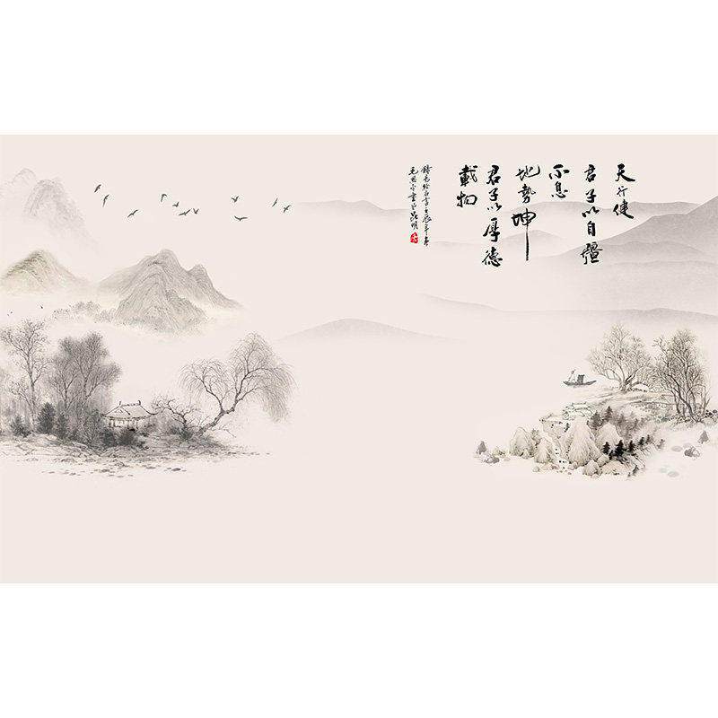 3d壁布宋式美学电视背景墙纸淡雅山水画中式壁纸客厅茶室墙布壁画