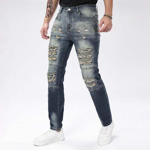 Men ' s 2026 Trendy Ripped Vintage Blue Jeans , Casual Slim