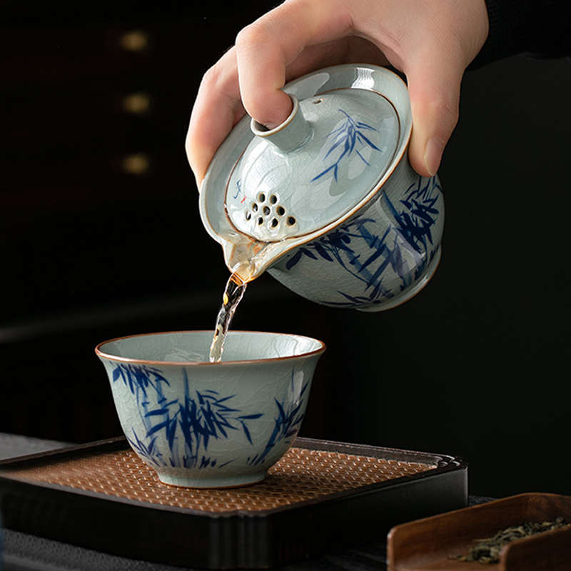 快客杯一壶一杯单个人专用手抓泡茶壶茶杯简易汝窑青花瓷茶具套装