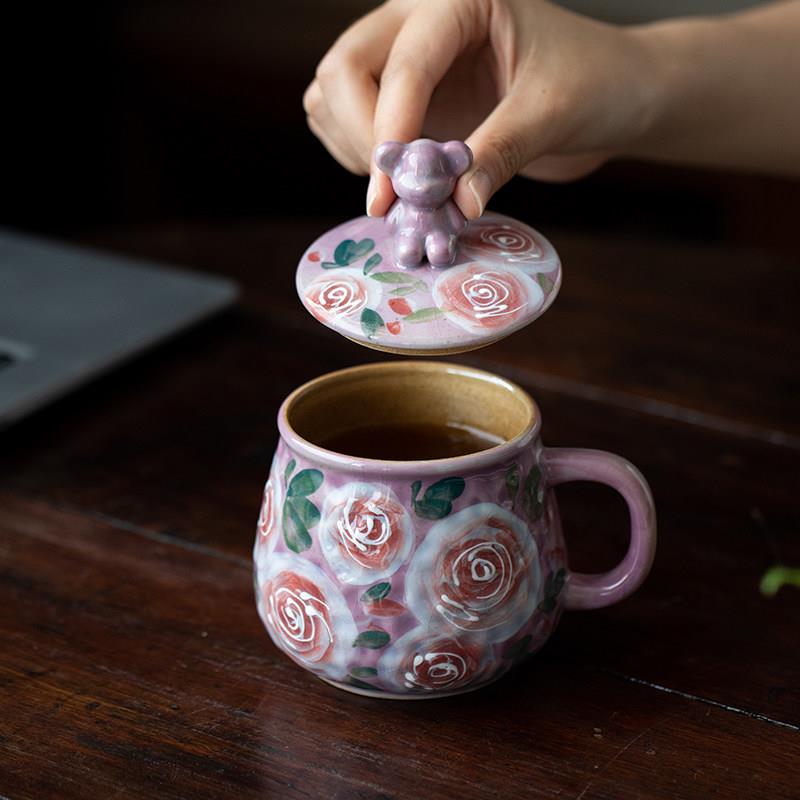 景德镇陶瓷杯美陶手绘玫瑰马克杯手工大肚茶杯釉下彩带把带盖水杯