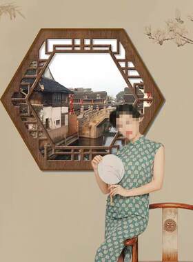 新中式墙面装饰画中国风茶室火锅店壁画古风八角假窗山水风景挂画