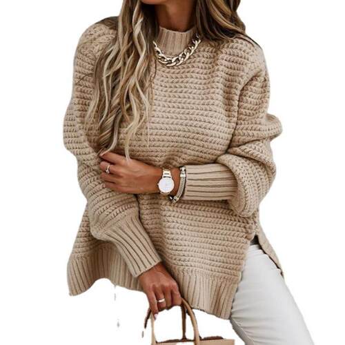 Women Split Hem Bishop Sleeve Mock Neck Sweater Casual