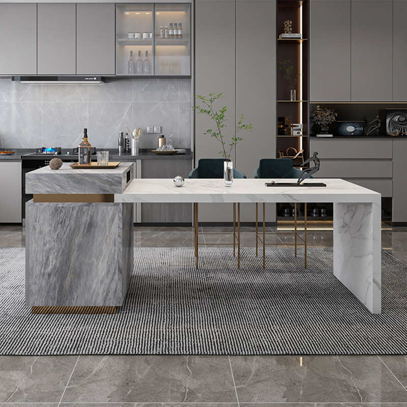 白色烤漆个性岩板中岛台餐桌极简现代一体开放式吧台大板简约两用