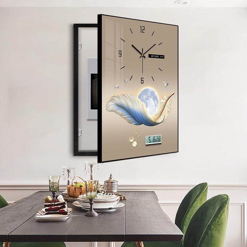 现代轻奢电表箱装饰画竖款带时钟表万年历配电箱遮挡挂画抽象壁画