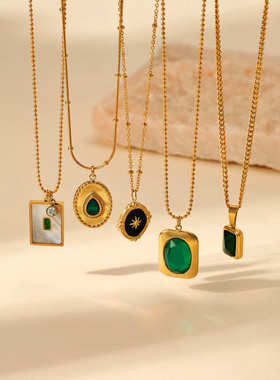 法式复古祖母绿不锈钢项链欧美流行几何贝母镶嵌钛钢吊坠项链女士