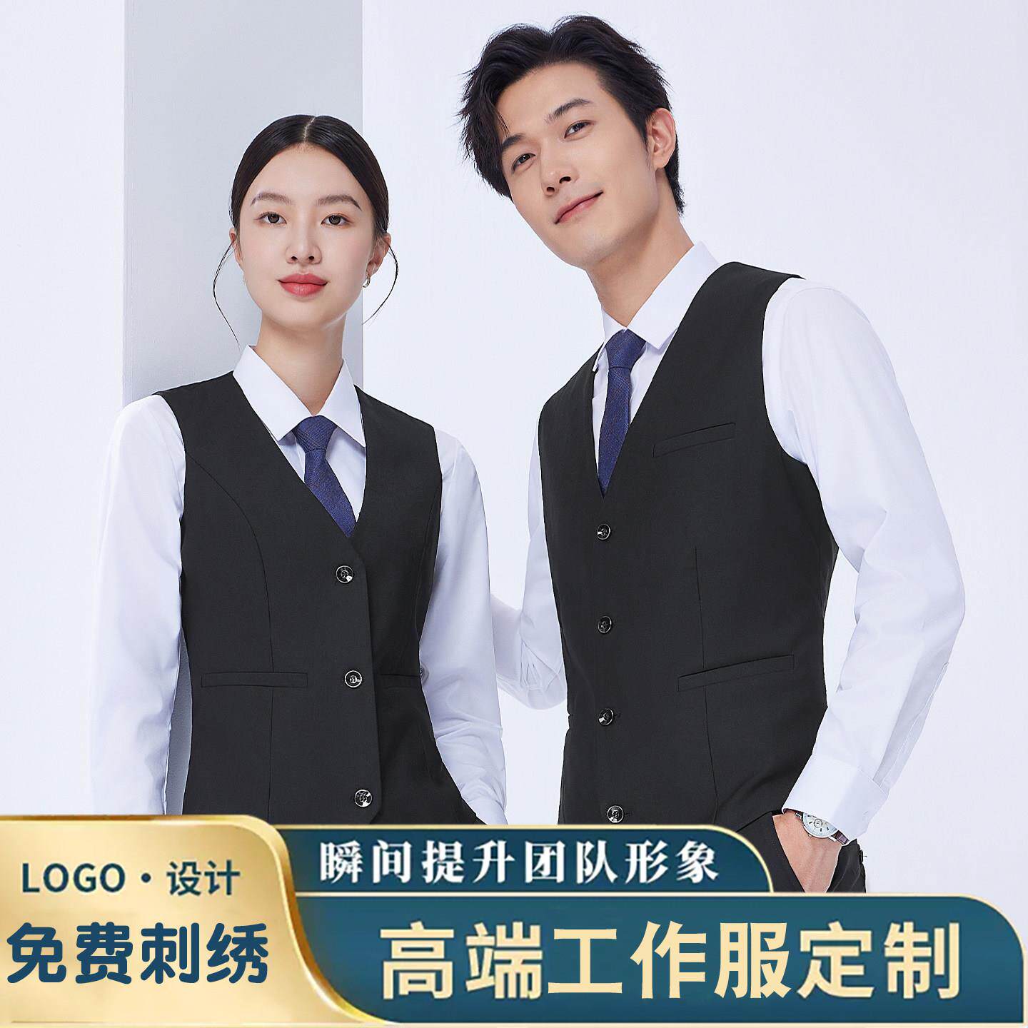 西装马甲男女同款工作服套装衬衫西裤大码背心男士马夹定制刺绣