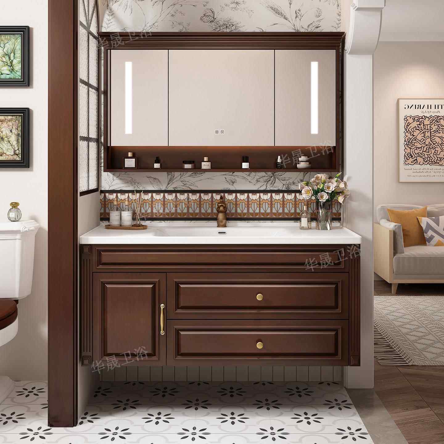 美式复古实木浴室柜组合卫生间壁挂式陶瓷一体盆镜柜洗手盆洗漱台