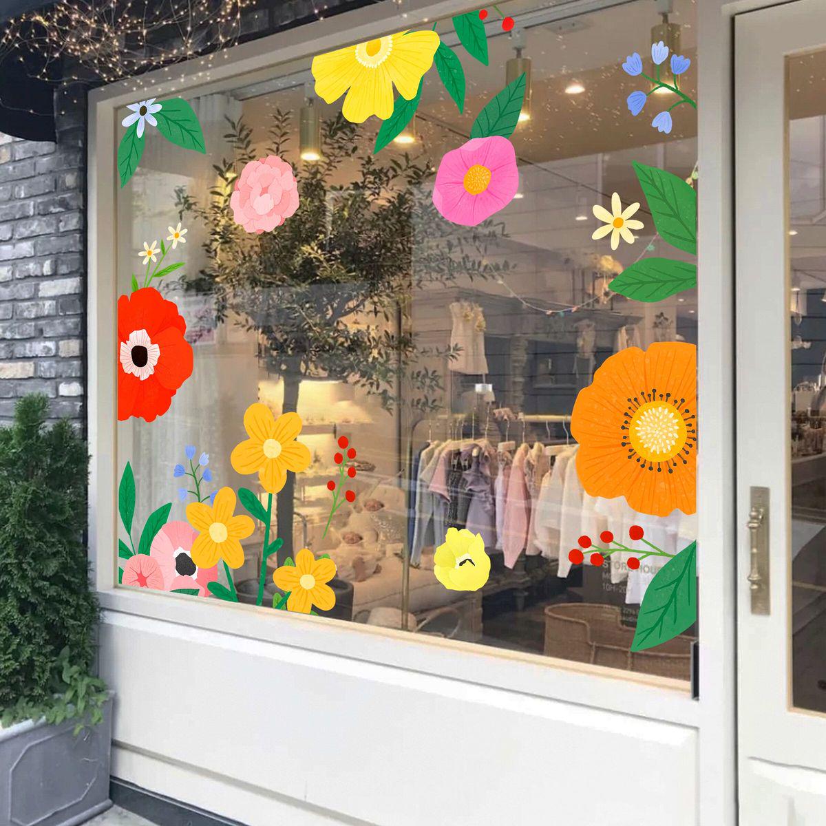 ins网红店创意装饰玻璃门贴纸花店童装餐厅橱窗花草布置静电贴画图片