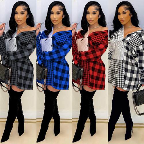 Women's color blocked checkered shirt dress