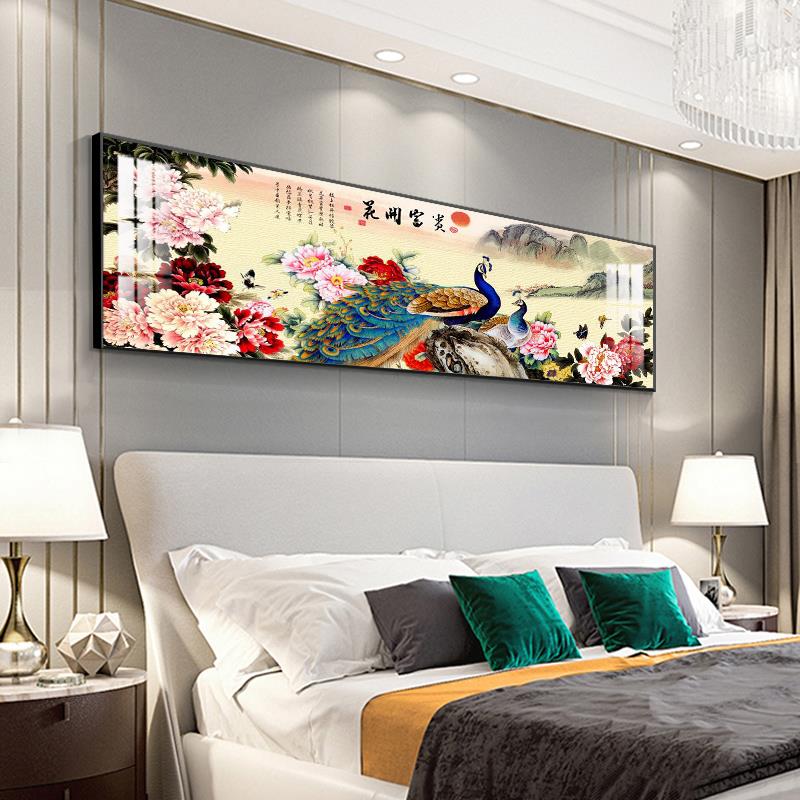 新款孔雀卧室床头装饰简画现代约主瓷卧挂画客厅背墙壁景画晶镶钻图片