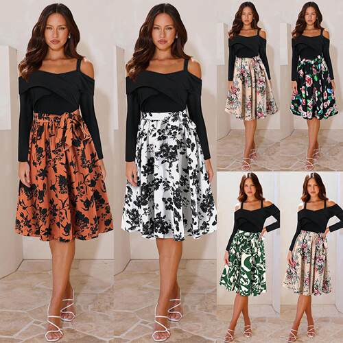 Long sleeved one collar off shoulder floral print