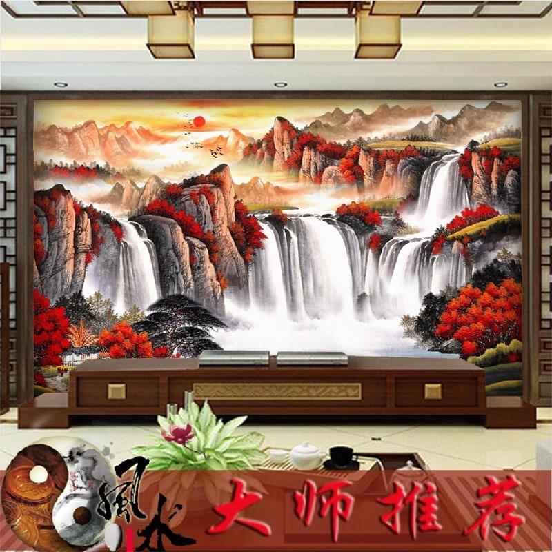 鸿运当头中式大气电视背景墙客厅影视墙壁画办公室山水风景画墙贴