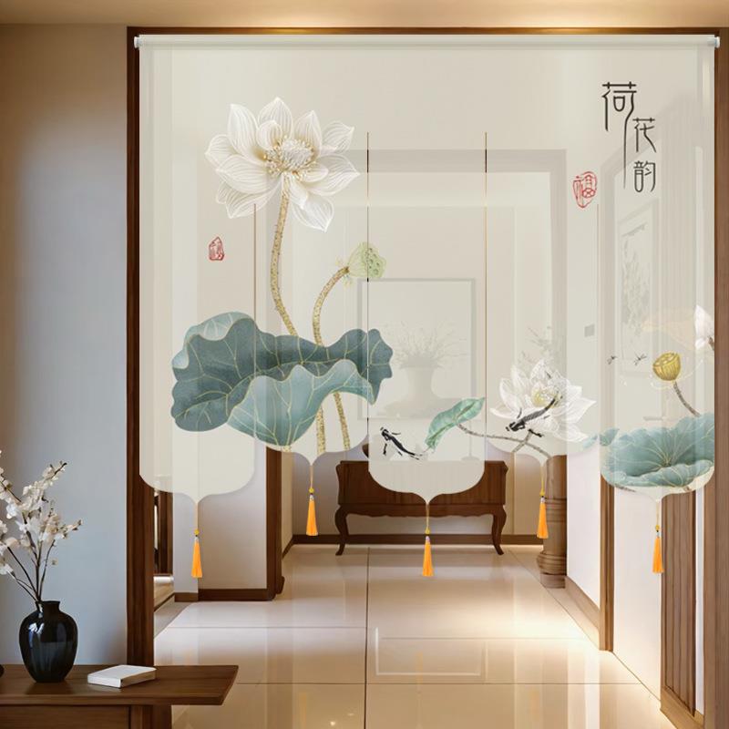 中式门帘帘挂式屏风卷花鸟雅趣免打孔玄关新挂茶92618626室书房客