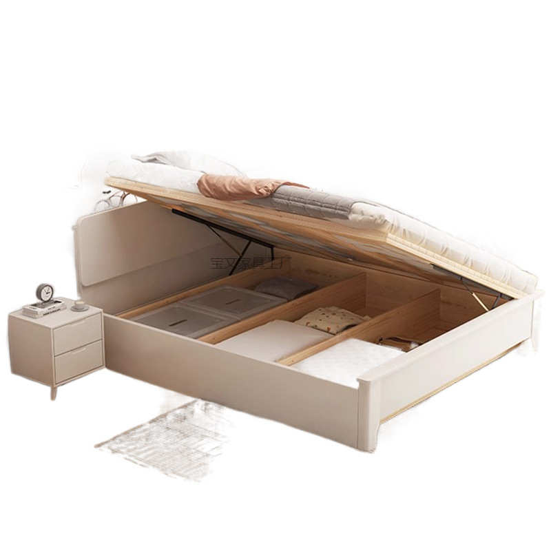 Bw1北欧全实木双人床1.8米气压高箱储物1.5m小户型1.2米单人奶油