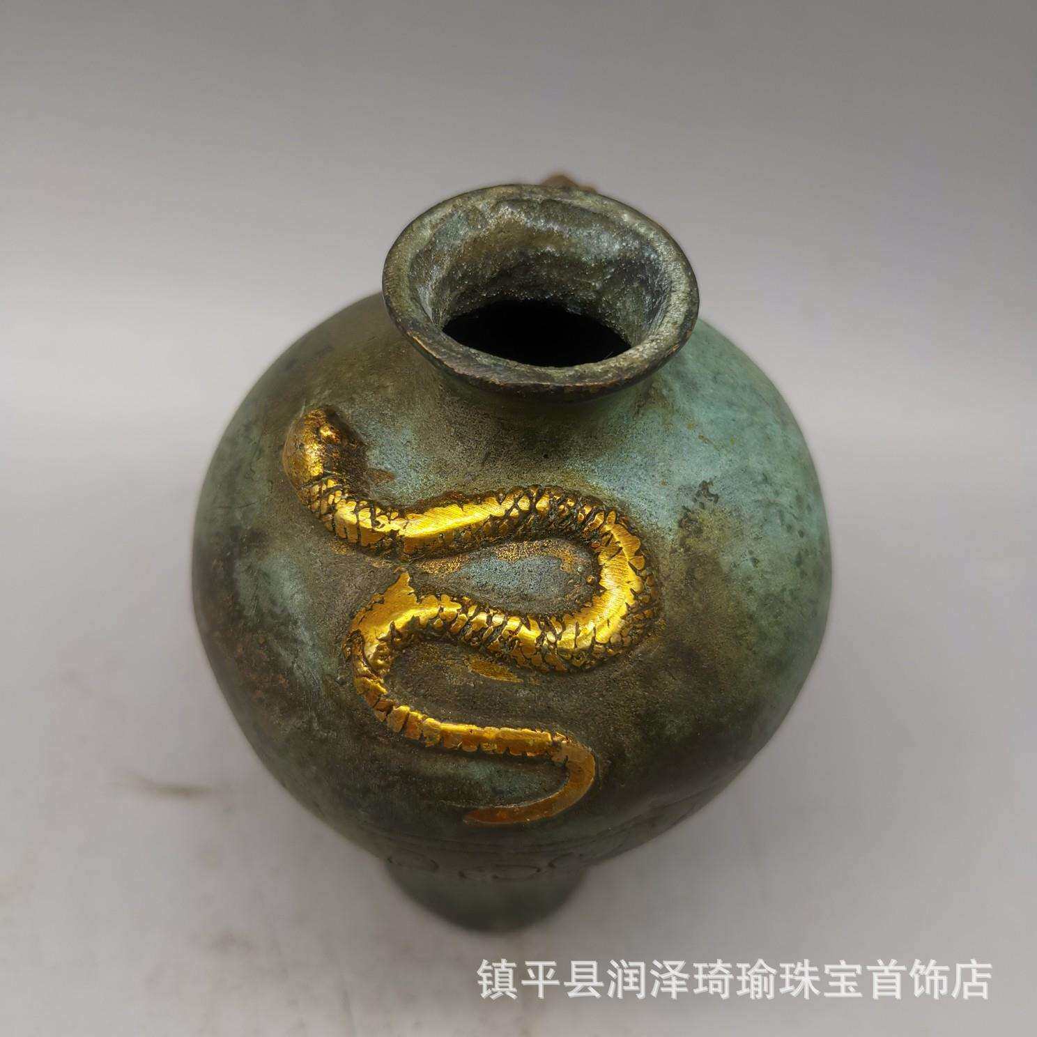 古玩老铜器杂件收藏复古仿青铜器大肚蛇鼠瓶子望子成龙摆件老物件