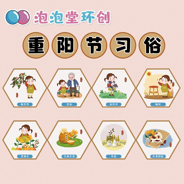 幼儿园小学传统节日的来历秋天重阳敬老习俗主题环创登高菊花墙贴