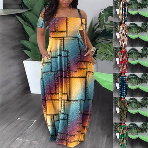Women's printed off shoulder dress女装印花露肩连衣裙
