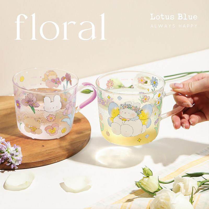 蓝莲花家居玻璃杯印花水杯早餐杯女生可爱牛奶耐热高颜值果汁杯子