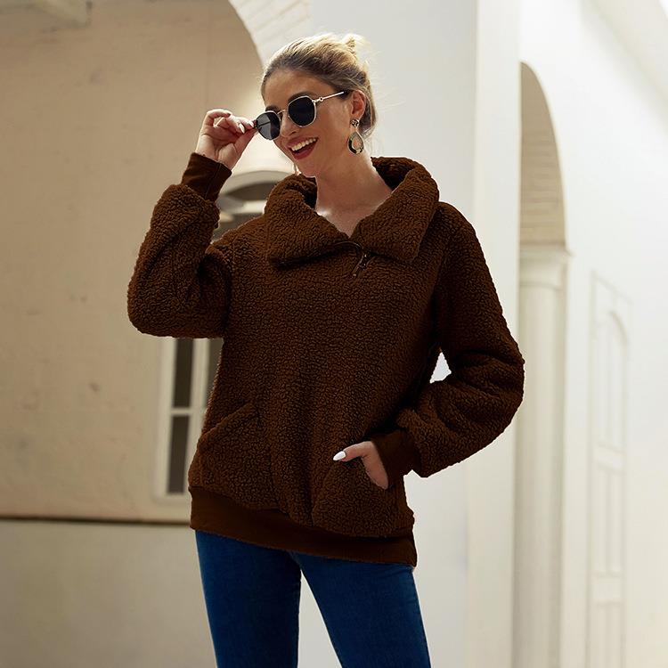 sweater fleece top thickened color solid collar high