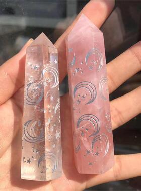 厂家天然水晶柱六棱柱跨境星月摆件白水晶粉晶黑曜石站立柱