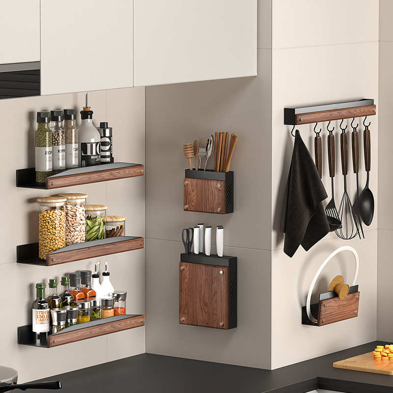 厨房置物架壁挂中古风免打孔实木收纳太空铝胡桃木家居用品