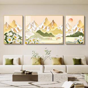 网红日照发金客厅装饰新款沙山背景山墙挂画水壁画画白大墙三联画
