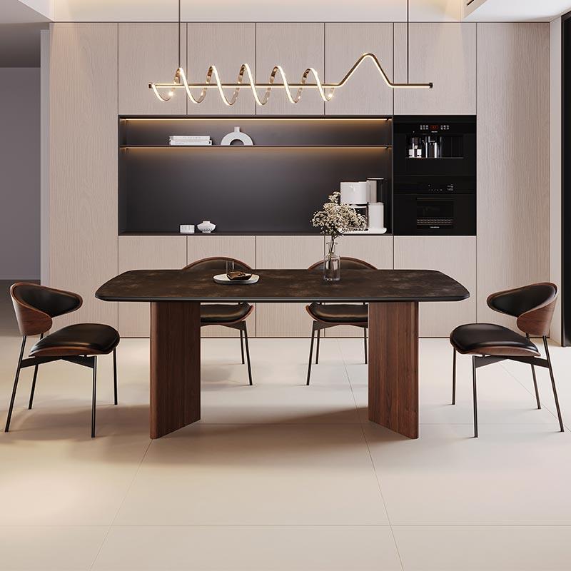 正品色计邦覆古风胡桃色实木黑餐椅组合侘寂风桌长方形板黑岩色餐