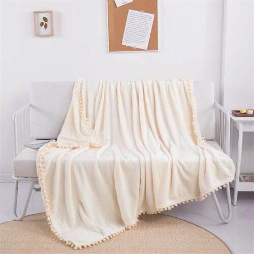 Blanket Soft Throw Blanket With Pompom Fringe Lightweight