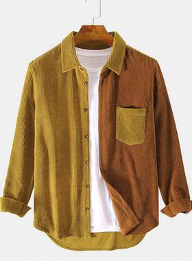 Men's Lapel Pocket Long Sleeve Shirts Corduroy Patchwork