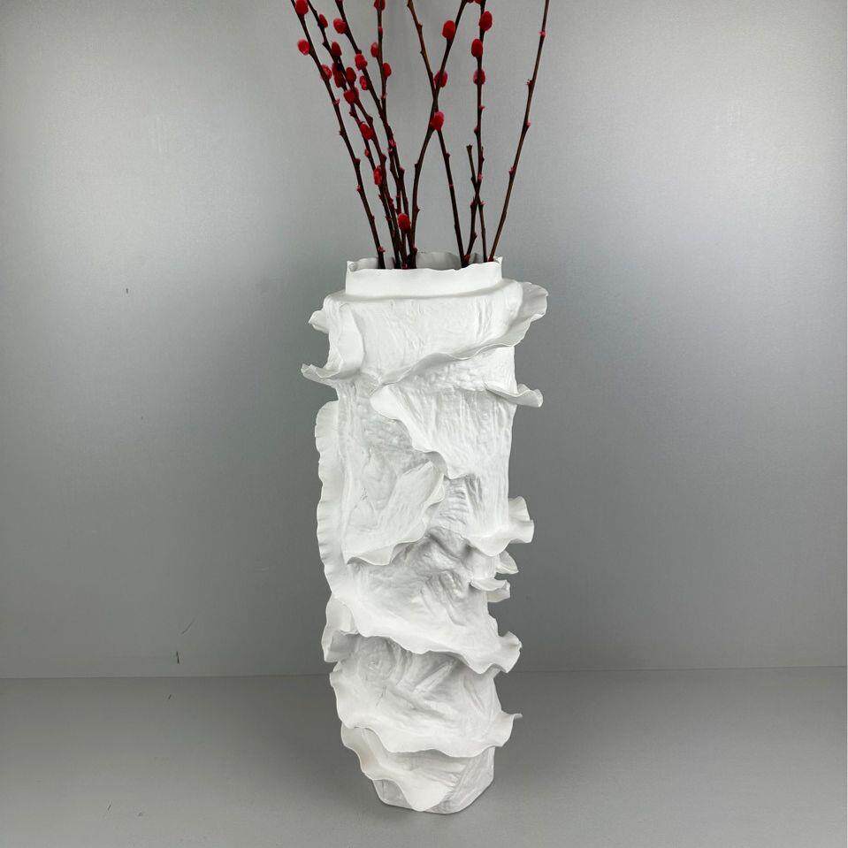 极简约现代白色陶瓷花瓶立体手工海浪纹艺术品美术馆展台插干花器