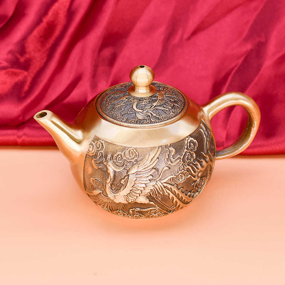 黄铜龙凤山水茶壶家居茶桌茶具纯铜摆件龙凤呈祥小茶壶会销礼品