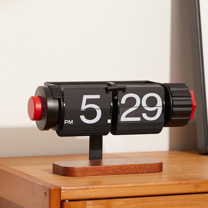 式木艺实木翻页时钟桌现代简约智机能械翻日页钟带闹钟装饰摆AL82