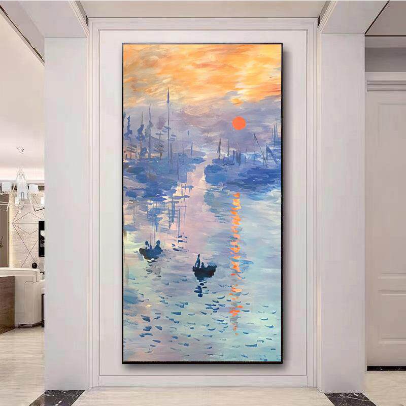 玄关装饰画现代简约入户走廊挂画竖版手绘风景油画轻奢过道墙画