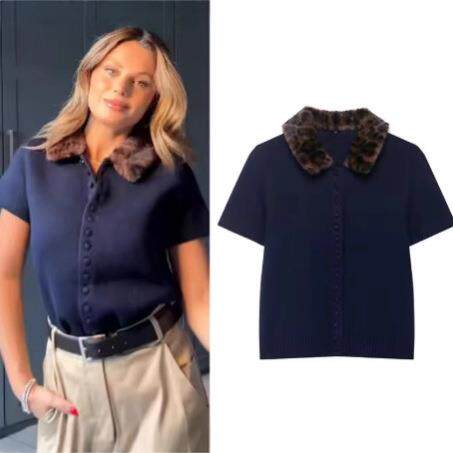 Women's animal print collar short sleeved knitted jacket