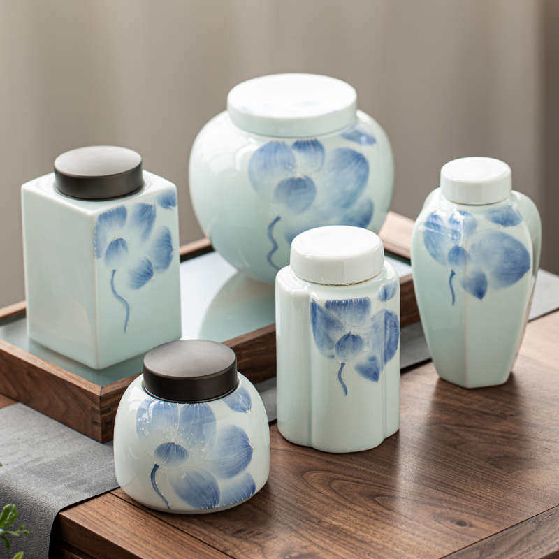 陶瓷茶叶罐大小号密封罐影青手绘家用储存罐功夫茶具防潮大号罐子