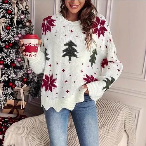 Women's Snowflake Tree Printed Round Neck Knitted Sweater