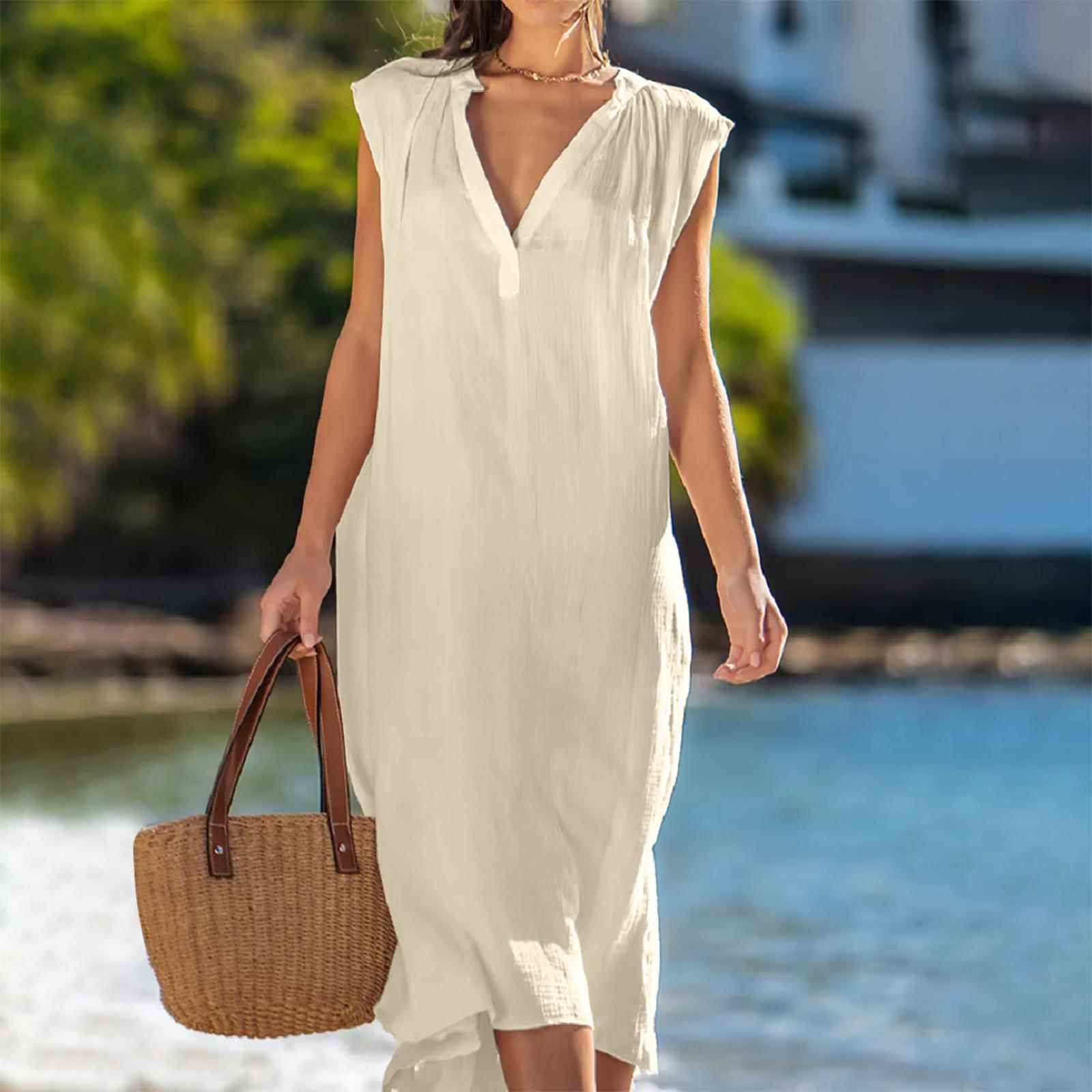 summer casual V-neck loose color solid sleeveless linen